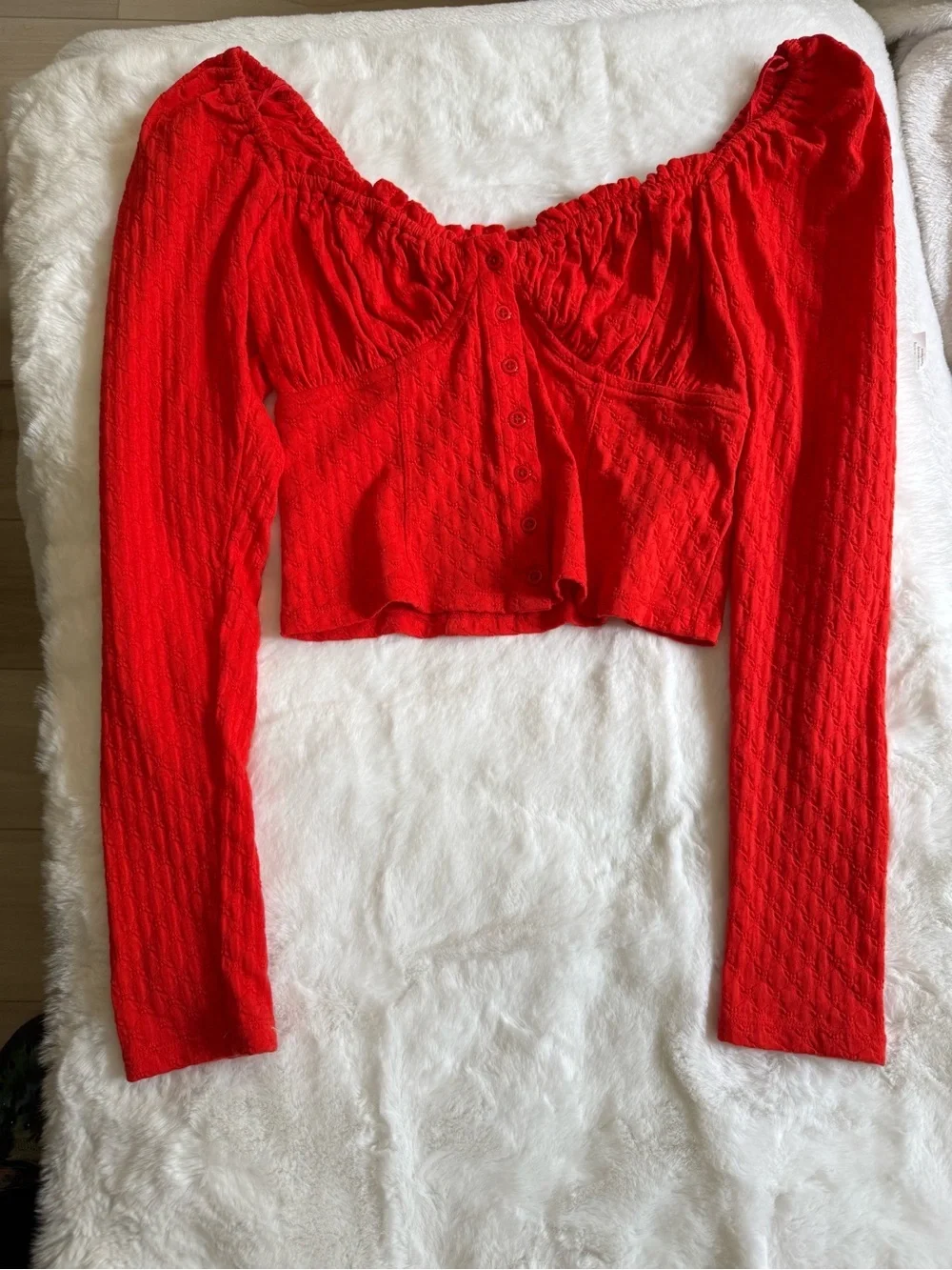 Free People Ladybug Long Sleeve Crop Top Red Textured Ruched Boho Size M NWOT